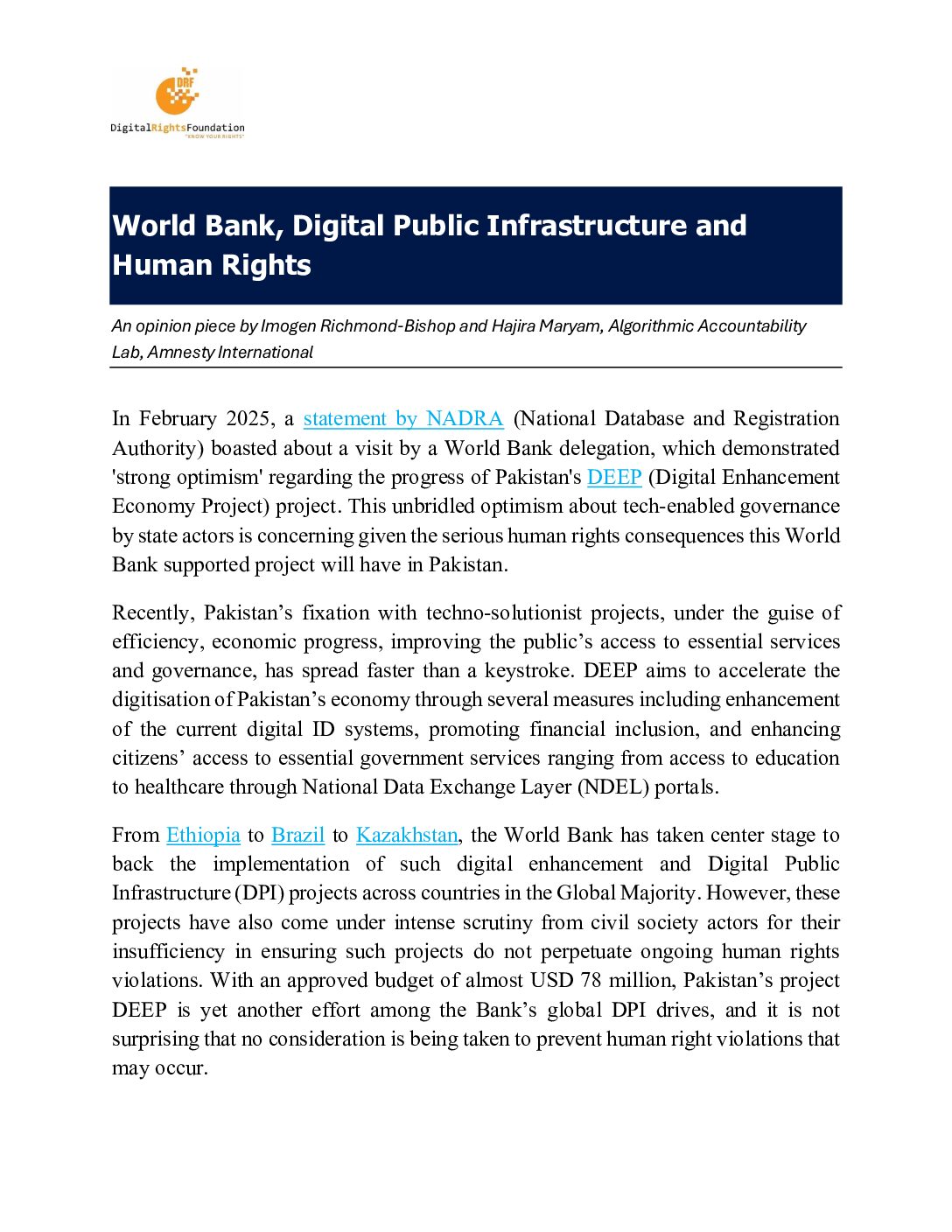World Bank, Digital Public Infrastructure and Human Rights World Bank, Digital Public Infrastructure and Human Rights